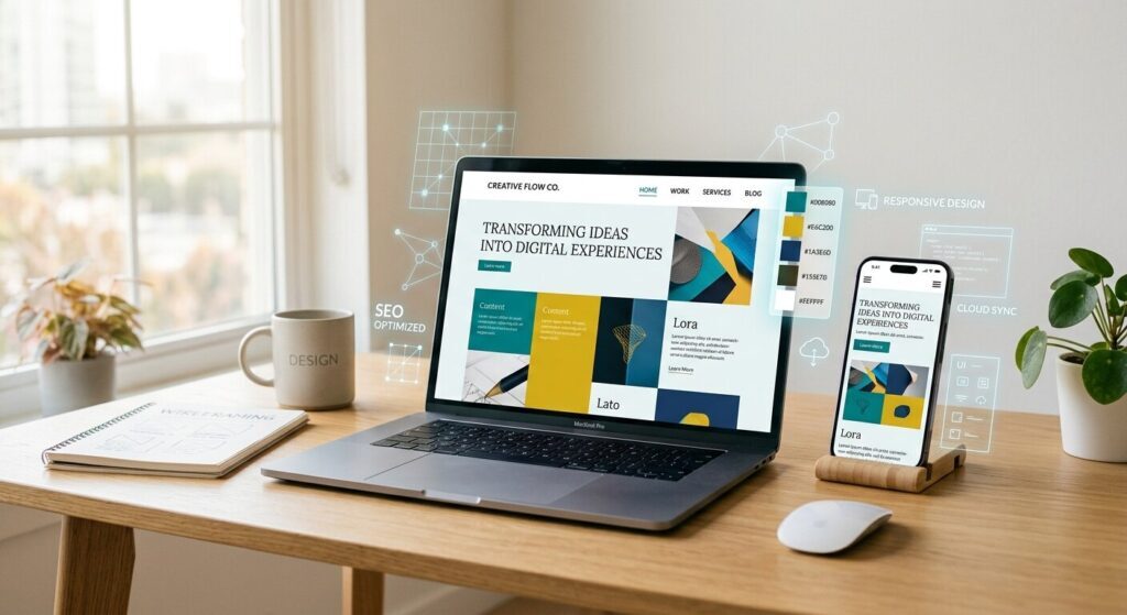 Guia Completo para Criar Site Grátis no Google em Páginas Portátil e smartphone com design de website responsivo e elementos gráficos de SEO e design digital